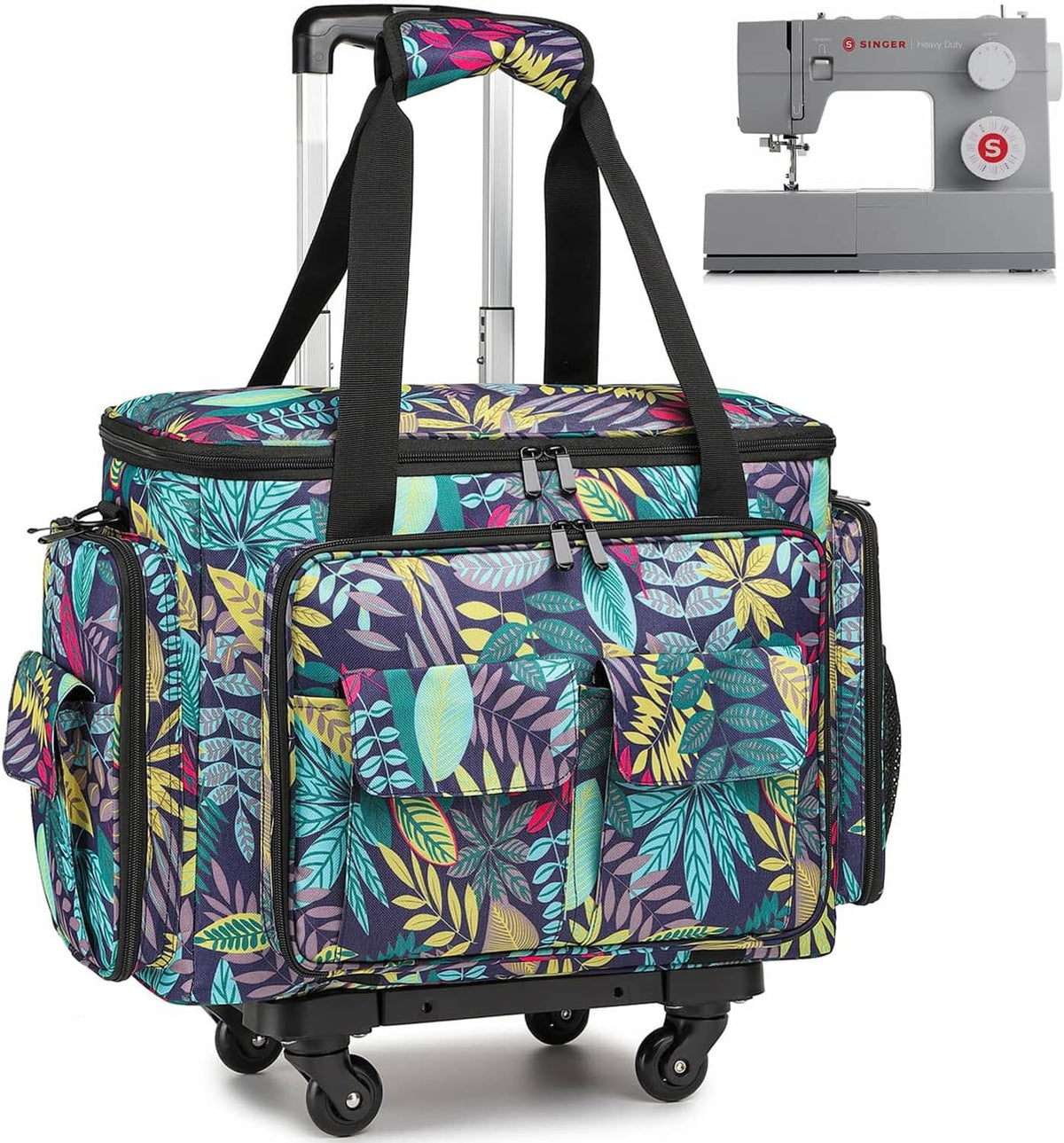 Front view of rolling sewing machine tote with wheels, black trim, and leaf-pattern fabric.