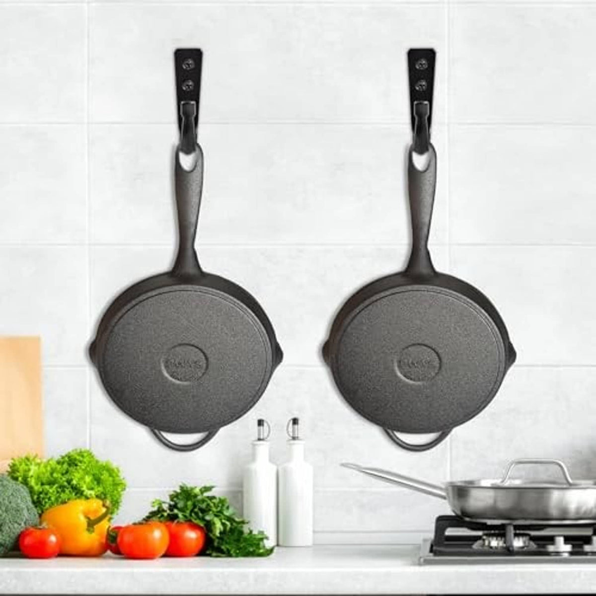 Black skillet pan hooks with two U-shaped hangers and hanging loops