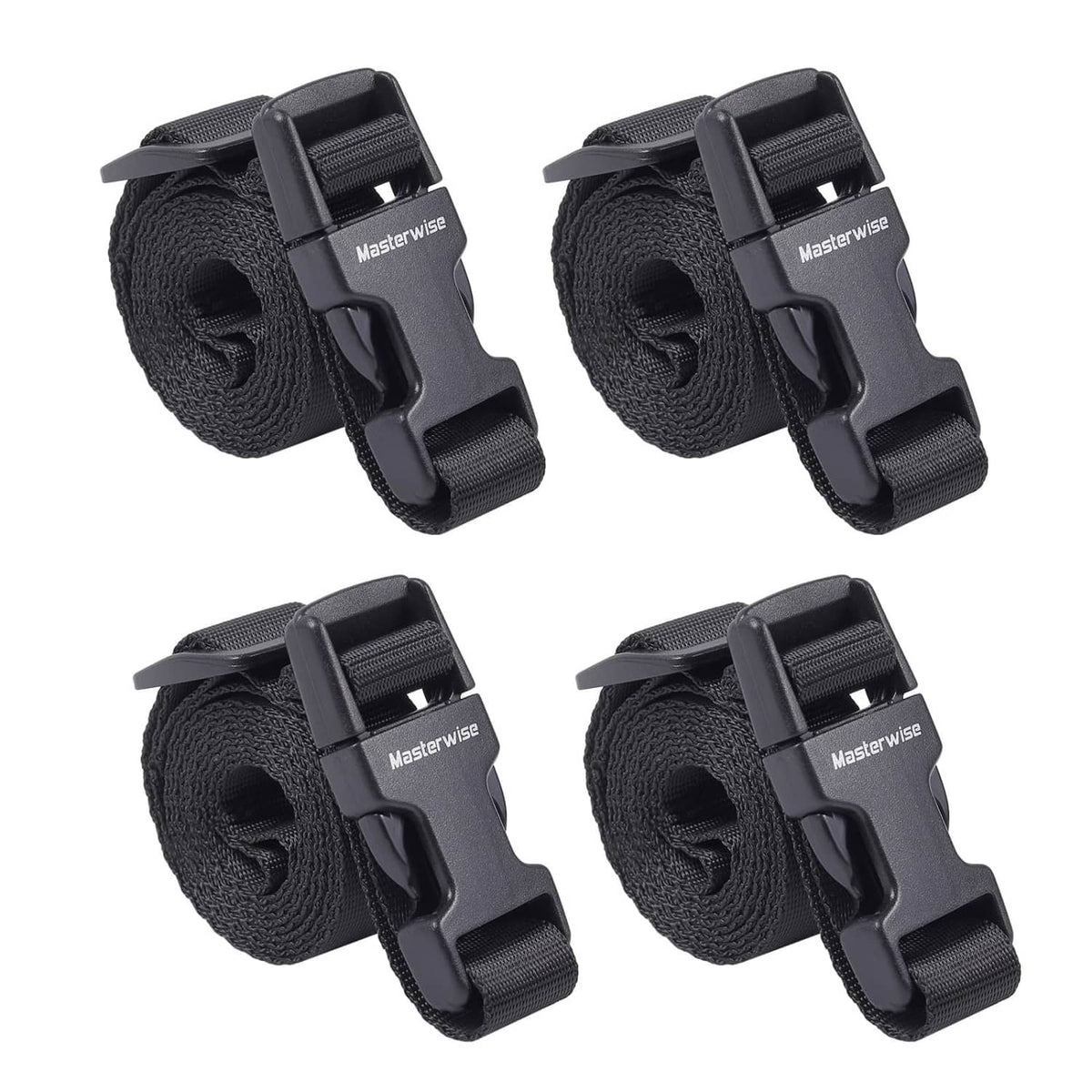 4-pack black nylon cargo buckle straps with adjustable ratchet-style buckles