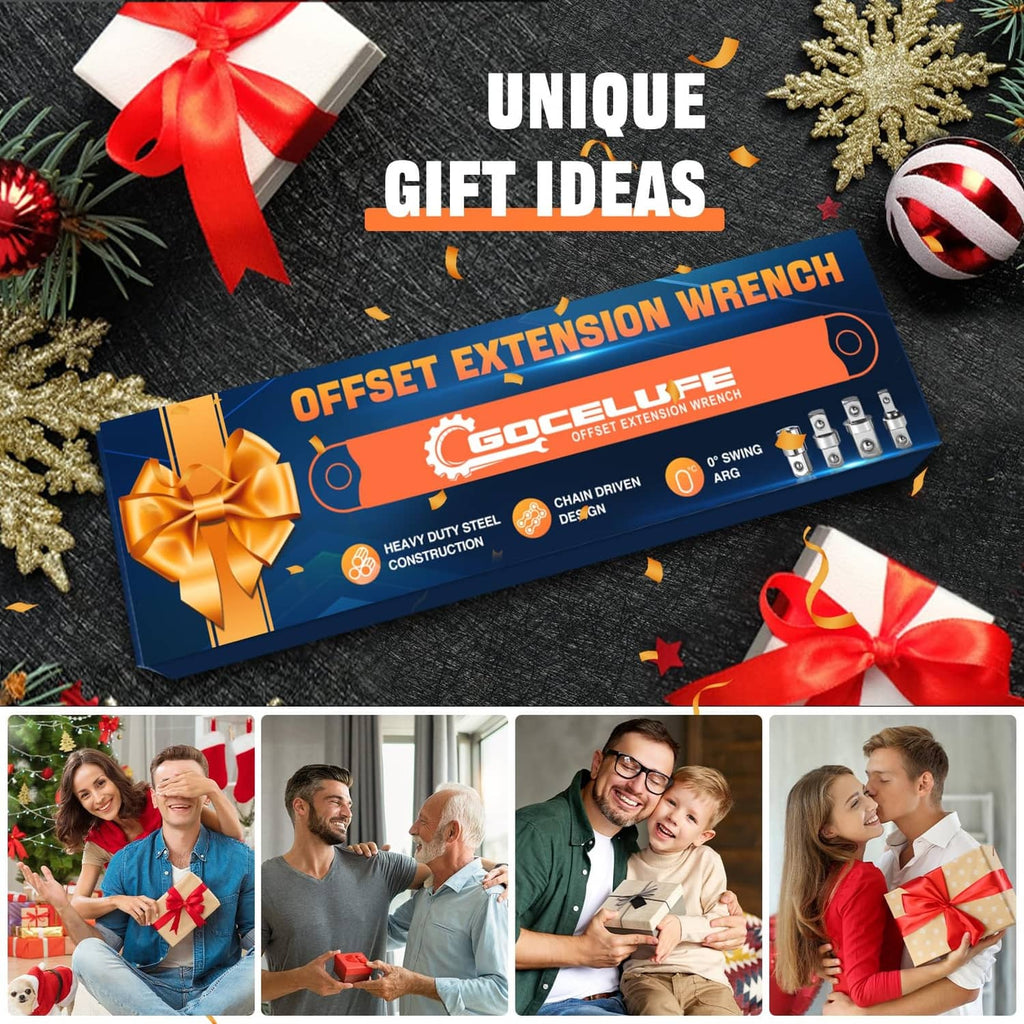 Orange offset extension wrench set shown on a blue gift box with wrench inside.