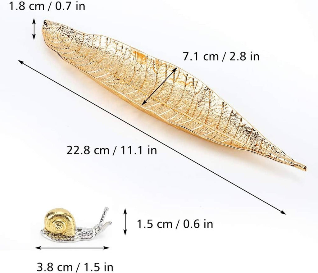 Gold leaf incense holder with etched pattern and small snail burner; size diagram