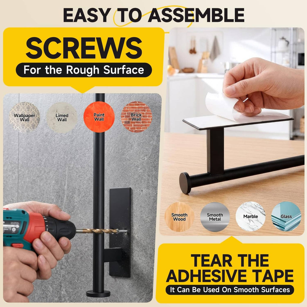 Black wall-mounted paper towel holder installation setup with adhesive tape and screws