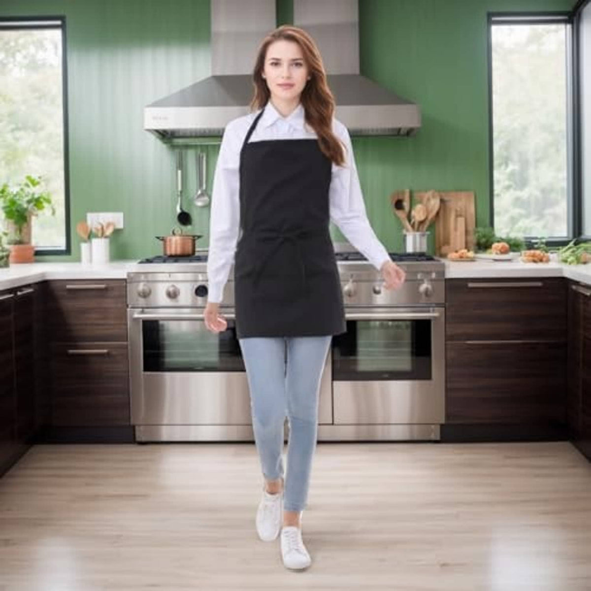 Black cotton short cooking apron with 3 pockets, neck straps, and front waist tie.