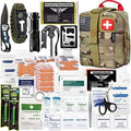 Tactical first aid kit with MOLLE pouch and assorted medical supplies laid out