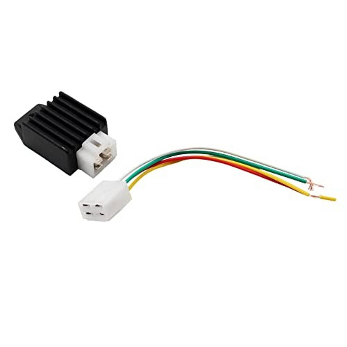 Black 4-pin voltage rectifier regulator with white connectors and red, green, yellow wires