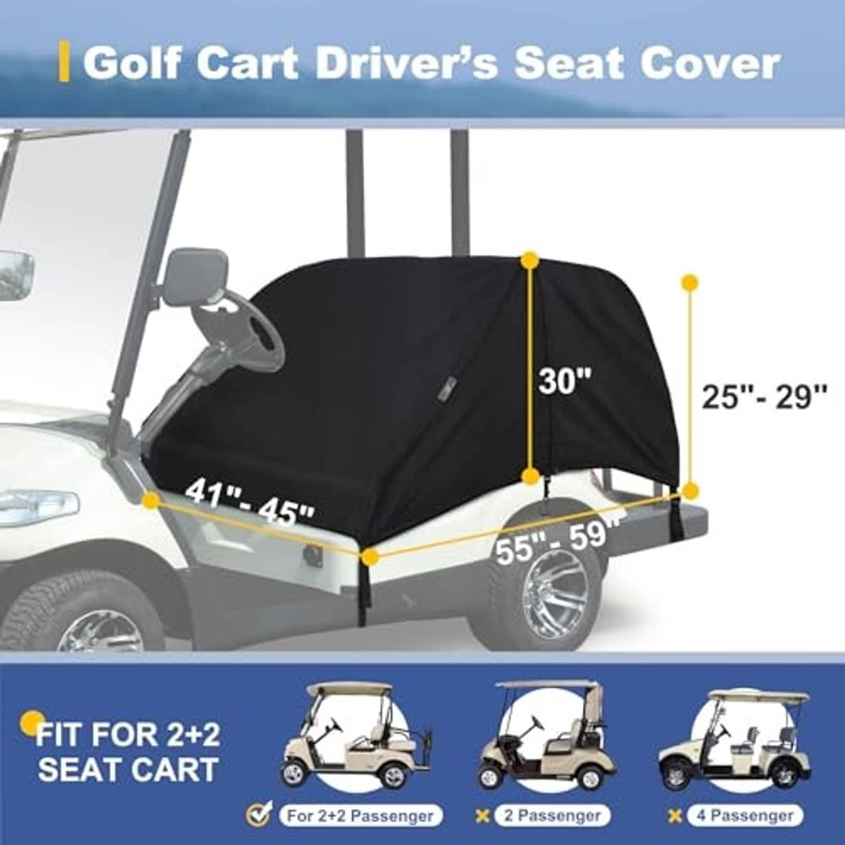 Black golf cart driver seat cover fitted over the front seating area