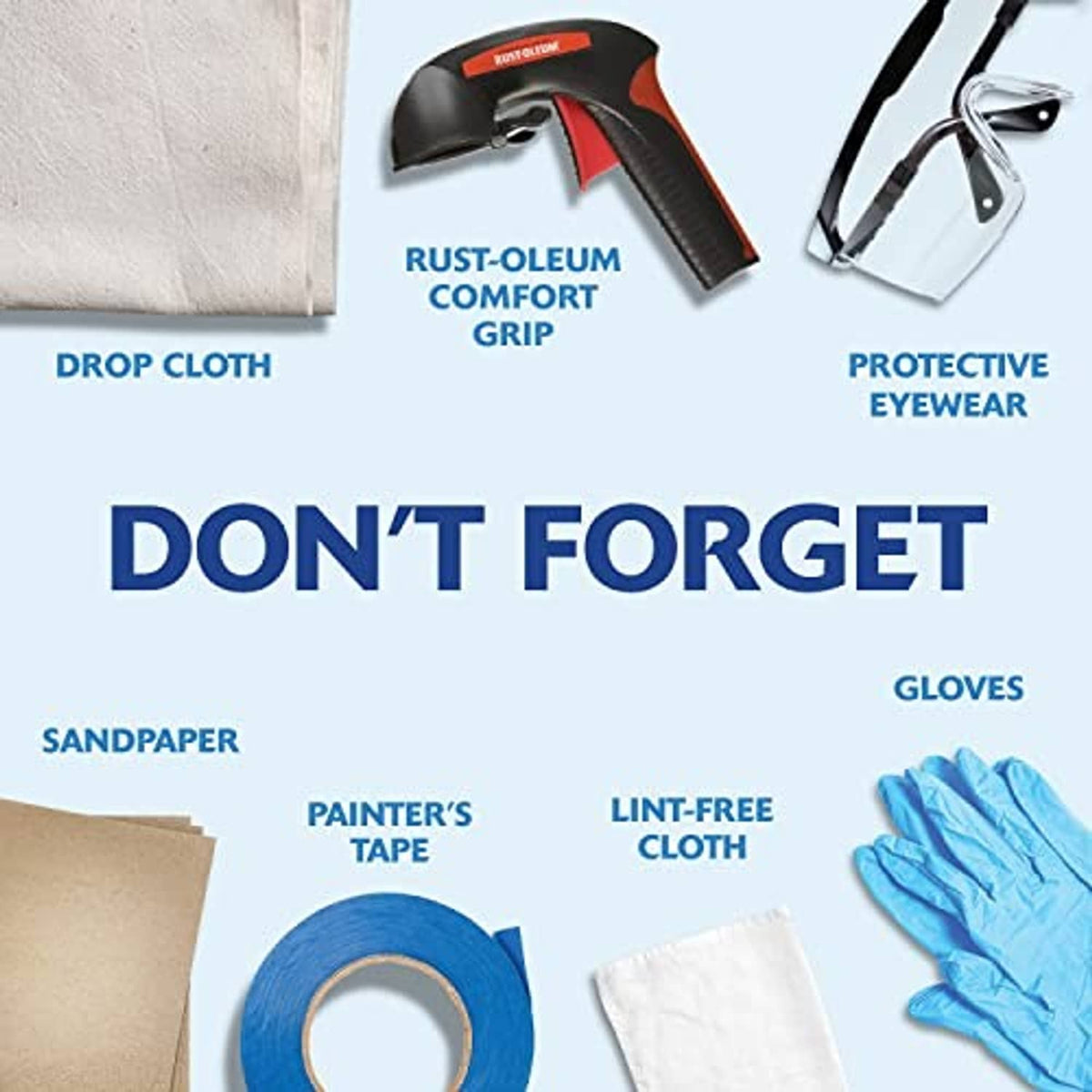 Painting supplies set: gloves, drop cloth, sandpaper, painter's tape, and spray can.