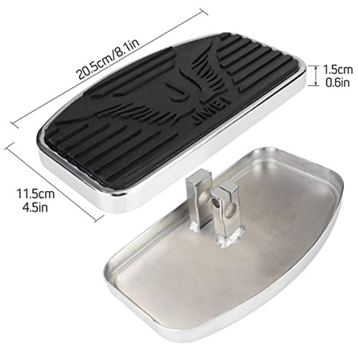 Motorcycle floorboard foot peg dimensions with black tread pads and chrome metal mounts