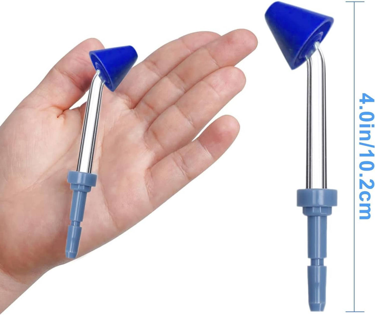 Blue nasal rinse tips on metal tubes shown in a hand for size
