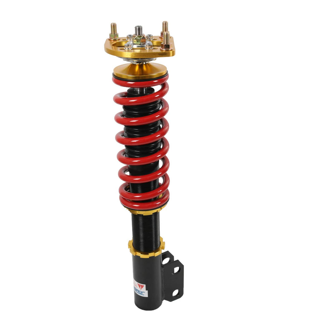 Coilover strut with red spring coil, gold upper mount, and black lower bracket