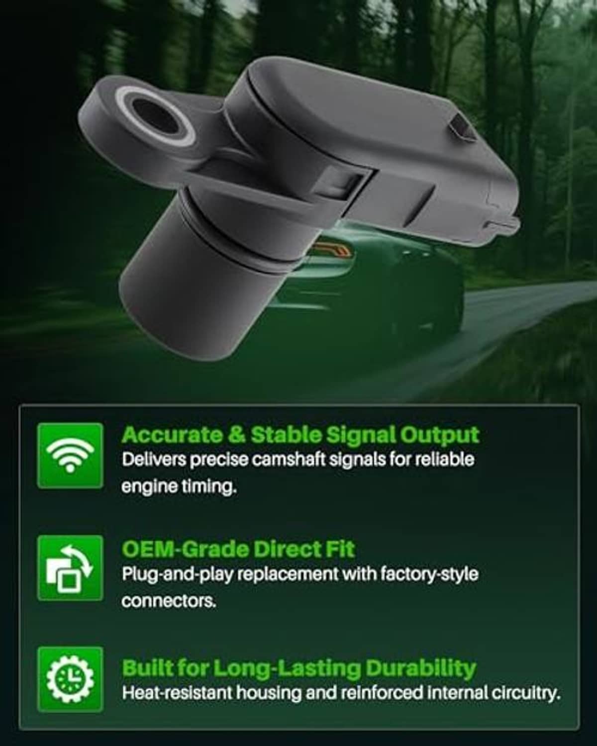 Angled black camshaft position sensor with mounting tab and plug connector