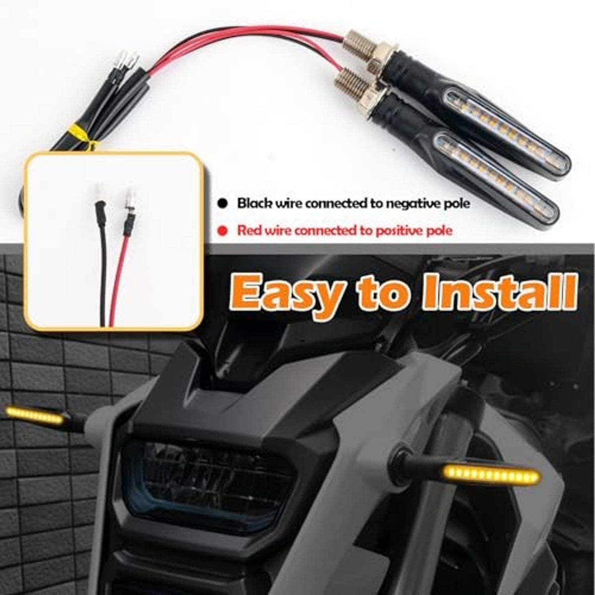 Amber LED turn signals with wiring leads and threaded mounts for easy installation