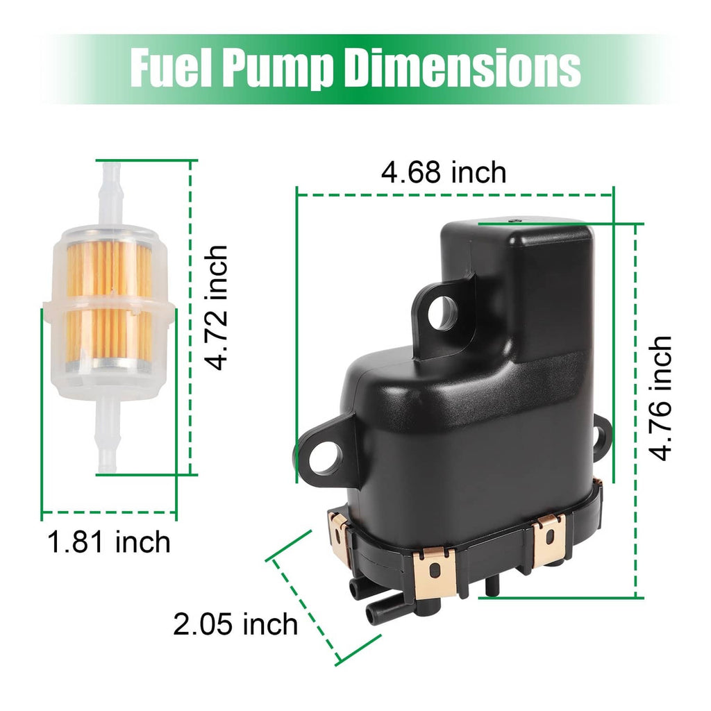 Black fuel pump module with clear fuel filter; shown with size measurement markers
