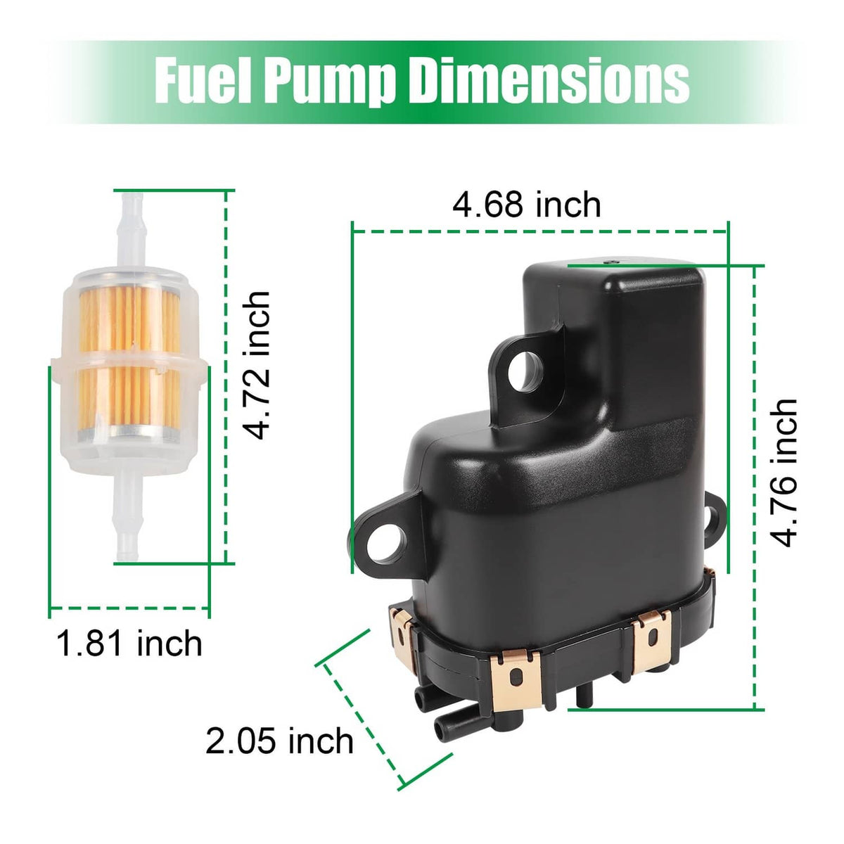 Black fuel pump module with clear fuel filter; shown with size measurement markers