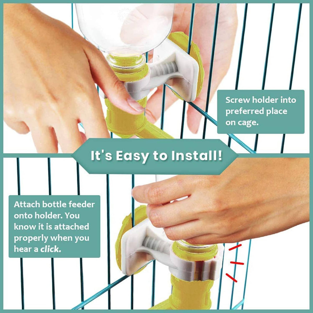 Pet water bottle dispenser installing on wire cage; hands fitting yellow holder
