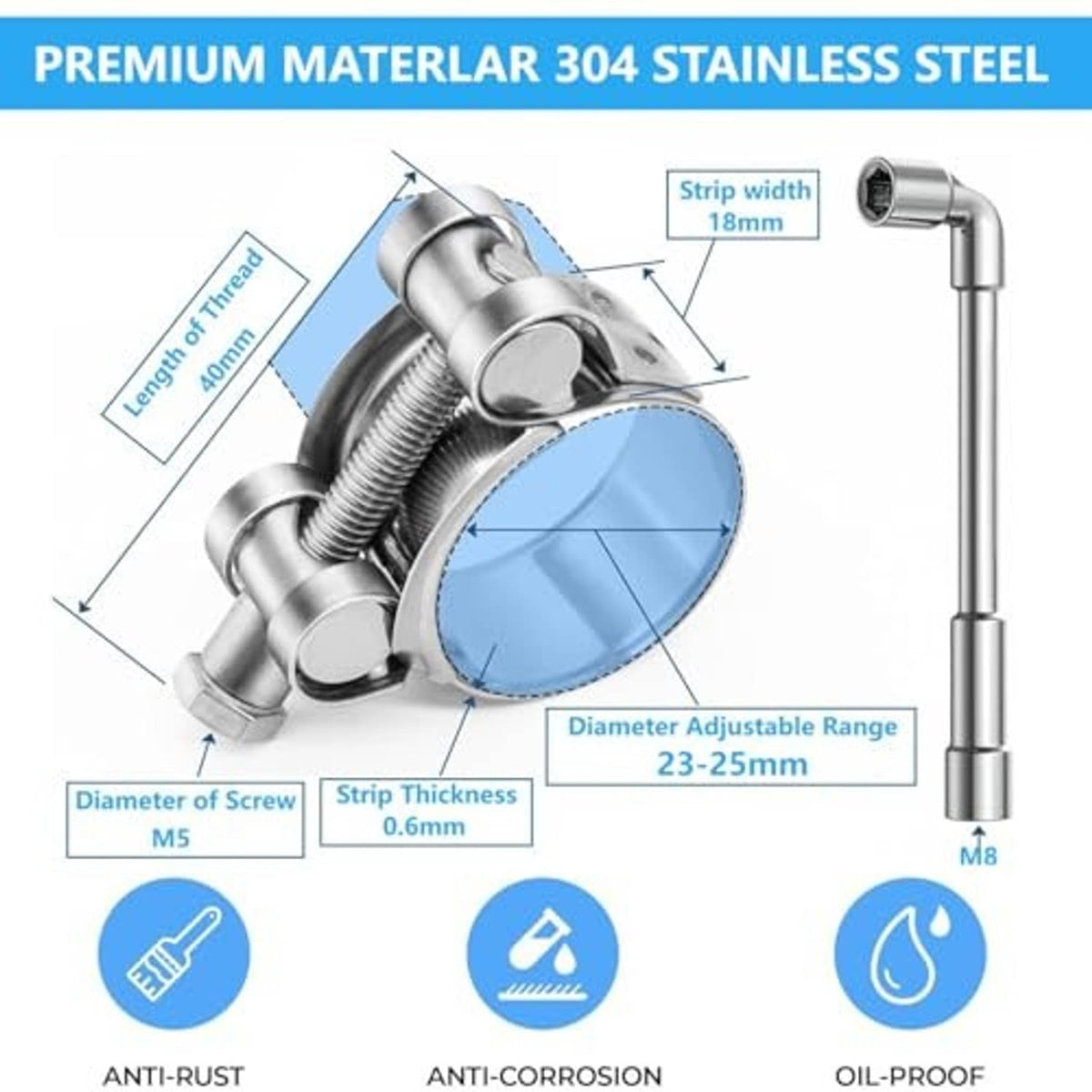 Stainless steel T-bolt hose clamp with adjustable screw band and hex head