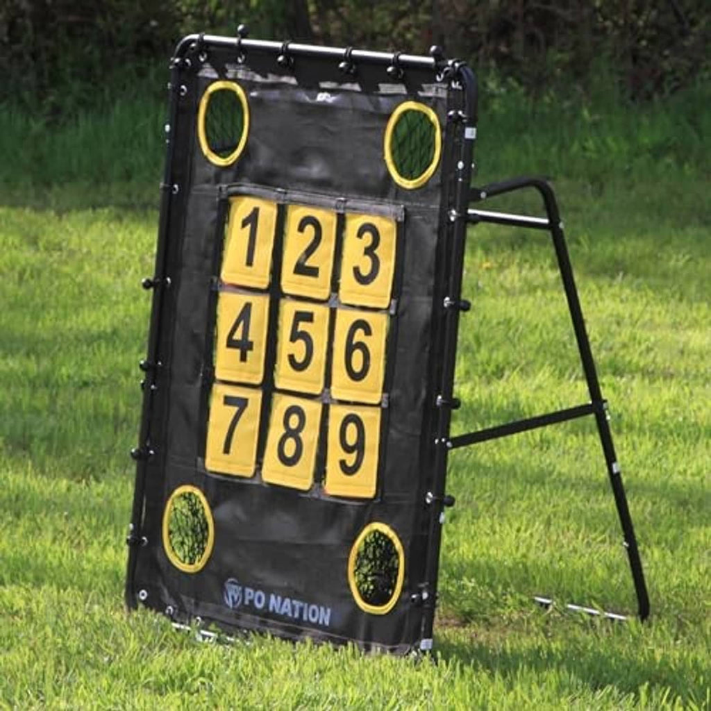 Black baseball pitching net target with yellow 1–9 grid and corner rings