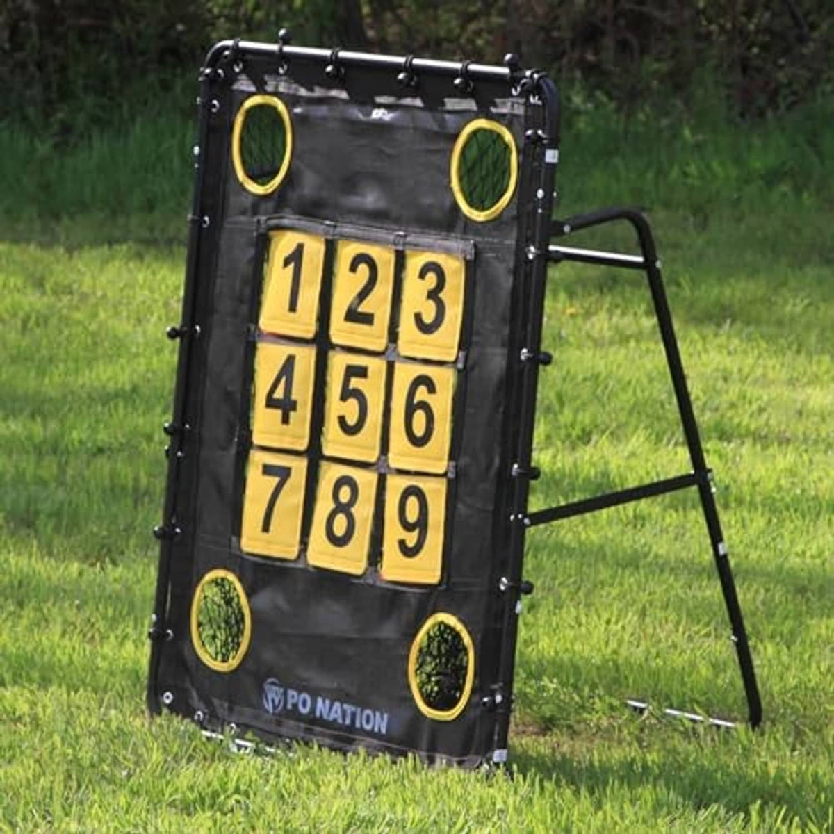 Black baseball pitching net target with yellow 1–9 grid and corner rings