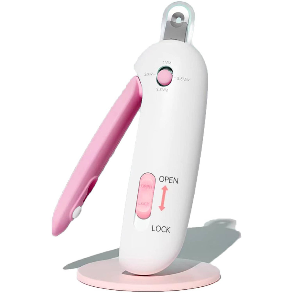 Pink and white cat nail clipper with safety lock and attached collection handle