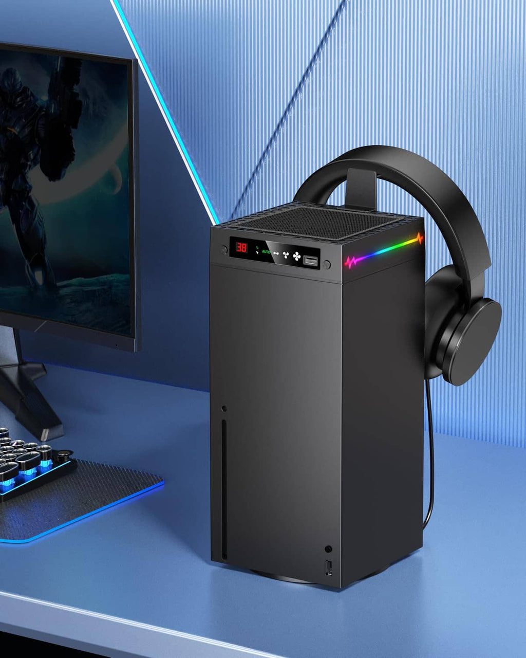 Black standing cooling fan with RGB strip and large side handle, angled view