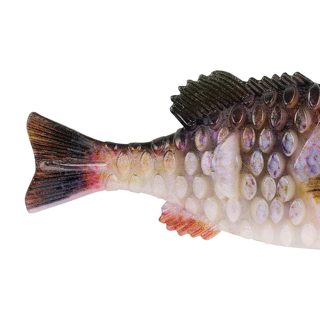 Berkley PowerBait Gilly soft fishing bait, side view with bluegill color pattern