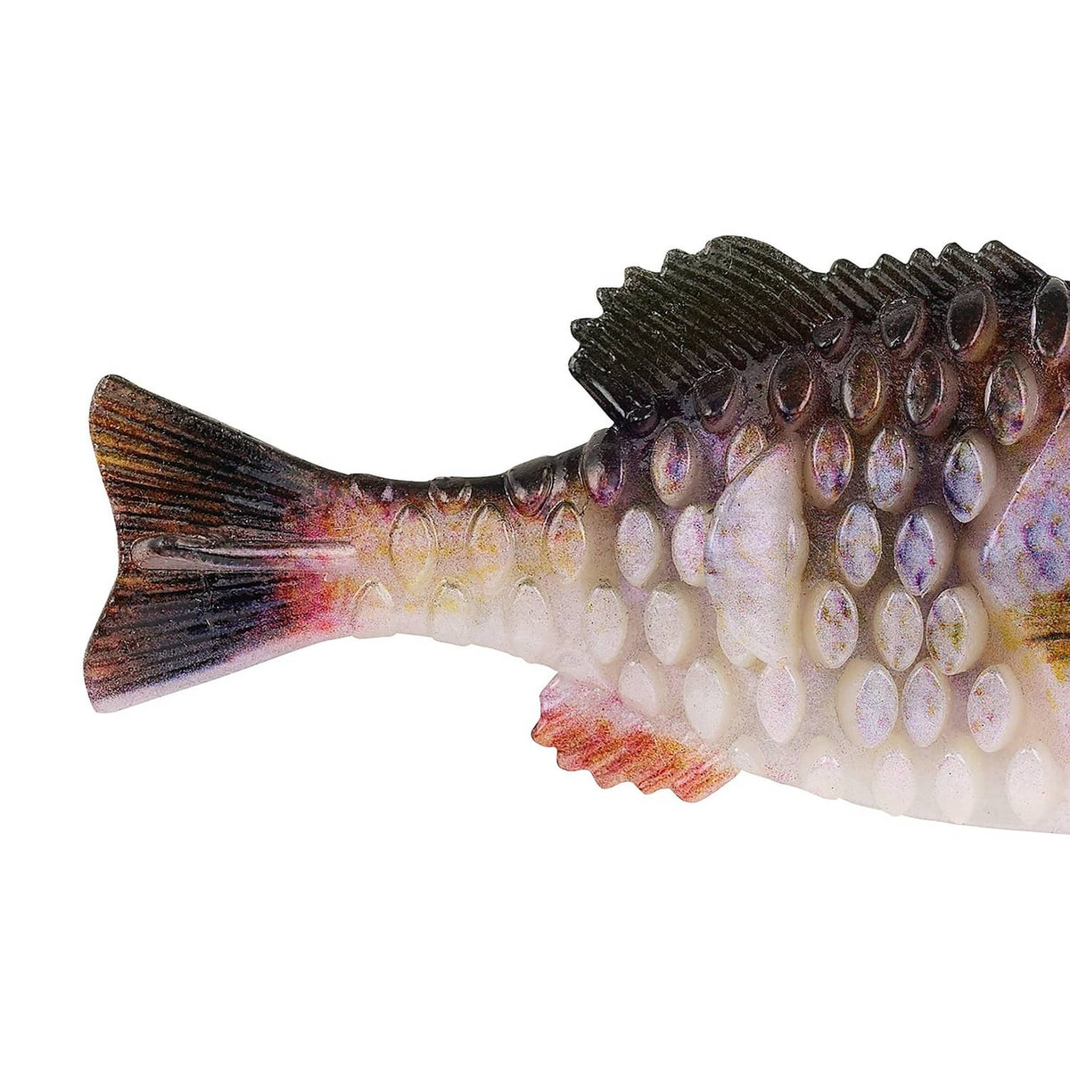 Berkley PowerBait Gilly soft fishing bait, side view with bluegill color pattern