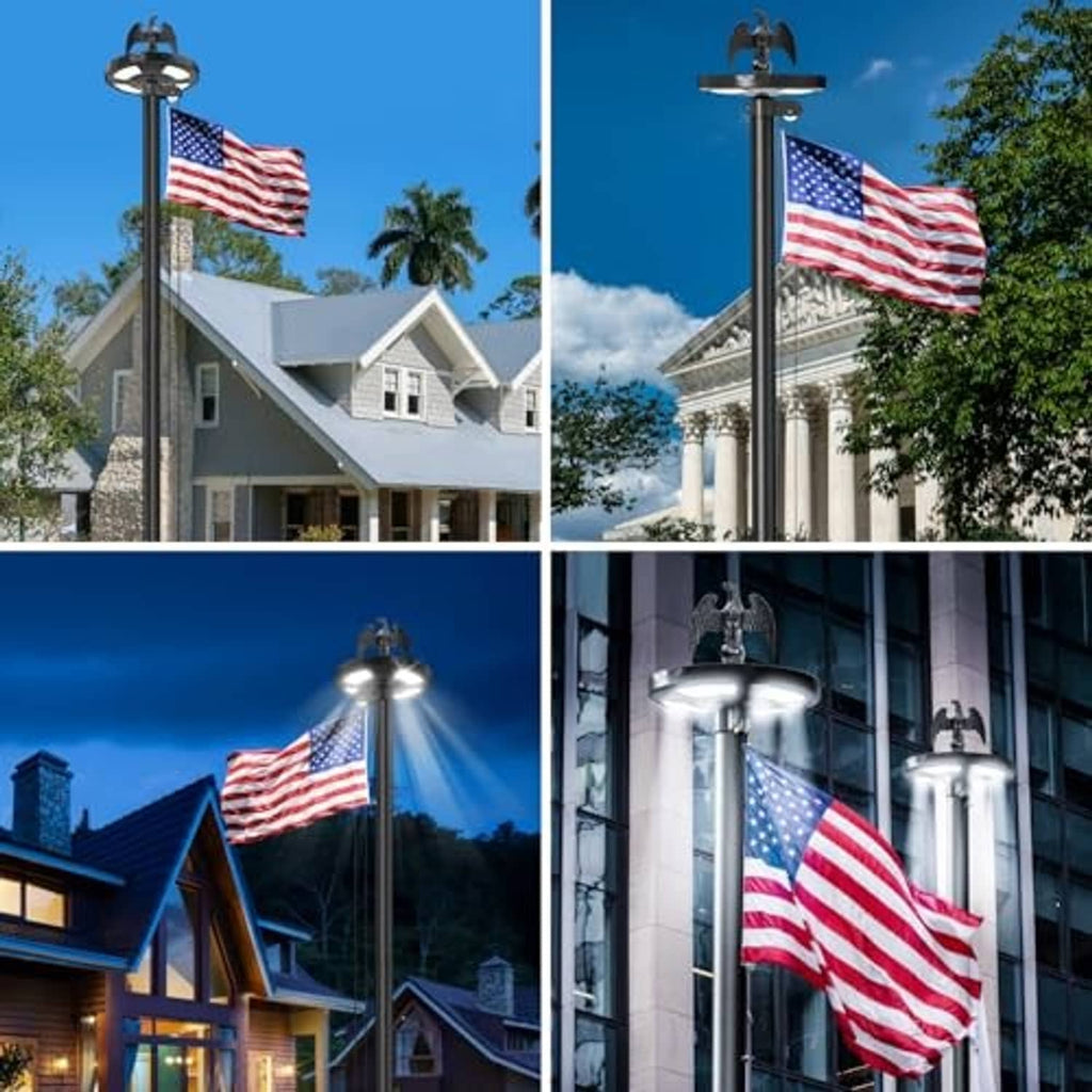 Black solar flag pole with eagle finial and American flag at house exterior locations