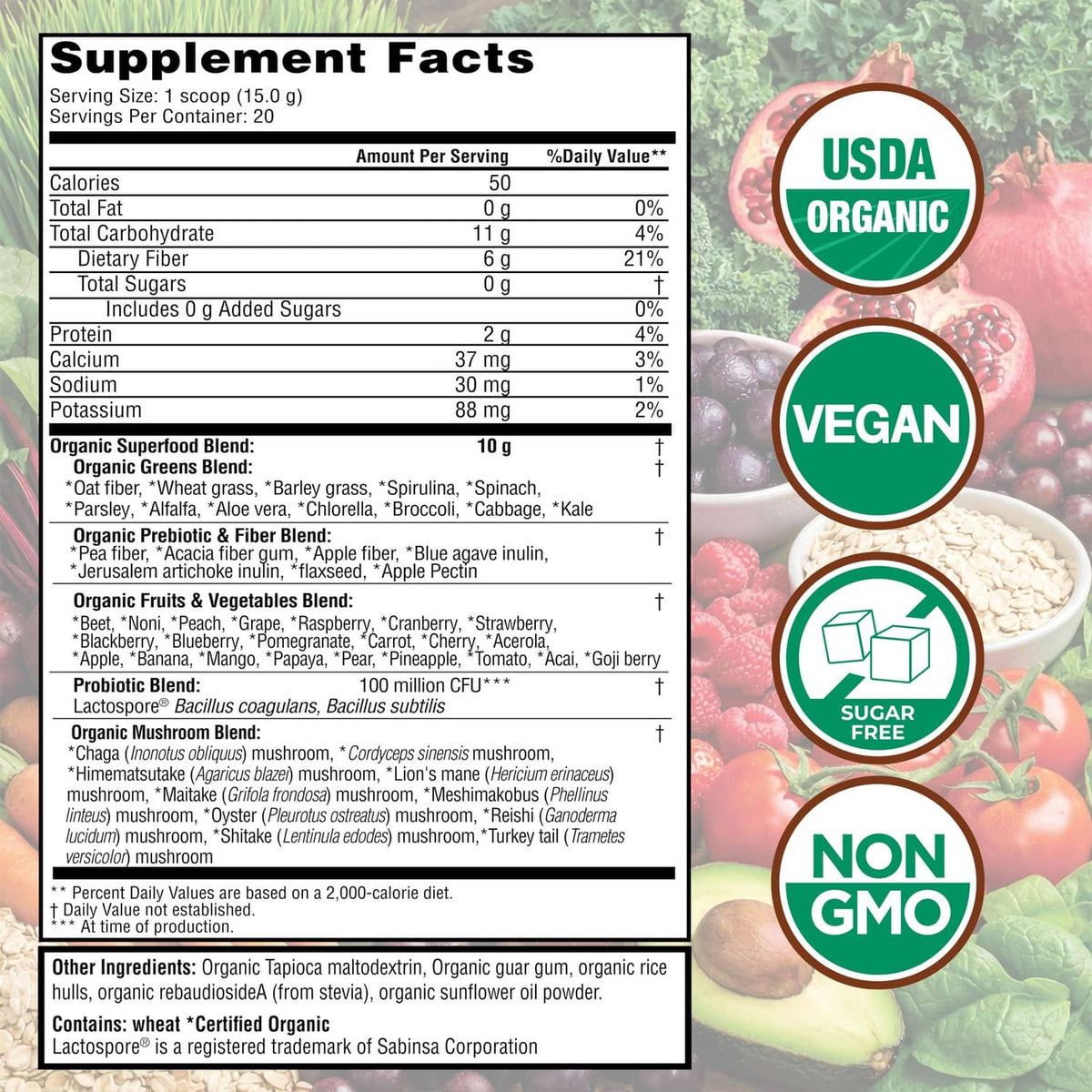 Super Greens supplement facts label on product packaging, with USDA Organic badge
