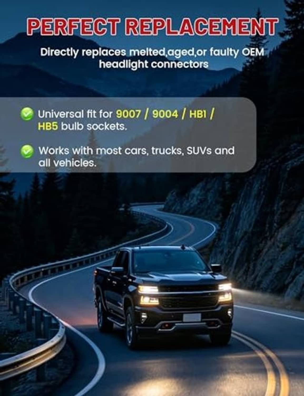 3-pin ceramic headlight wire harness with blue socket connectors and attached cable leads