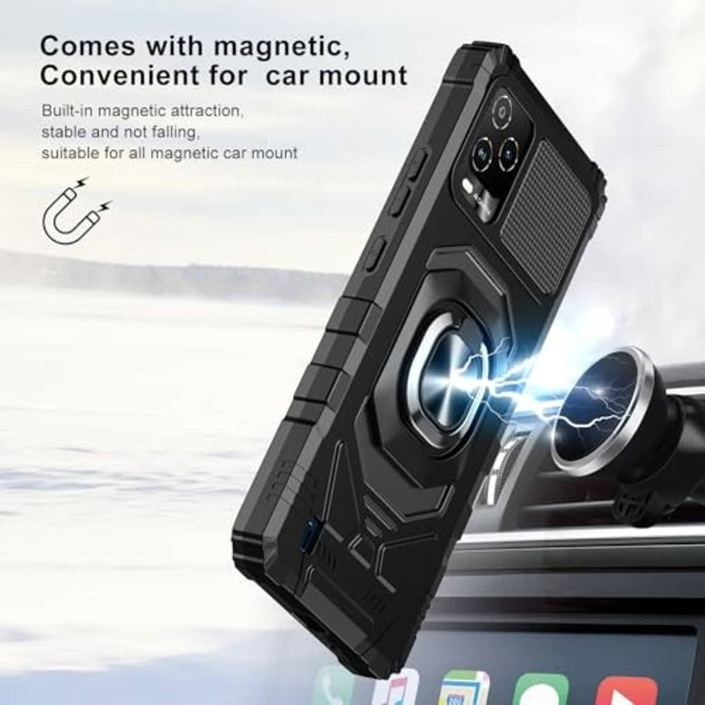 Black rugged phone case with ring grip shown on magnetic car mount