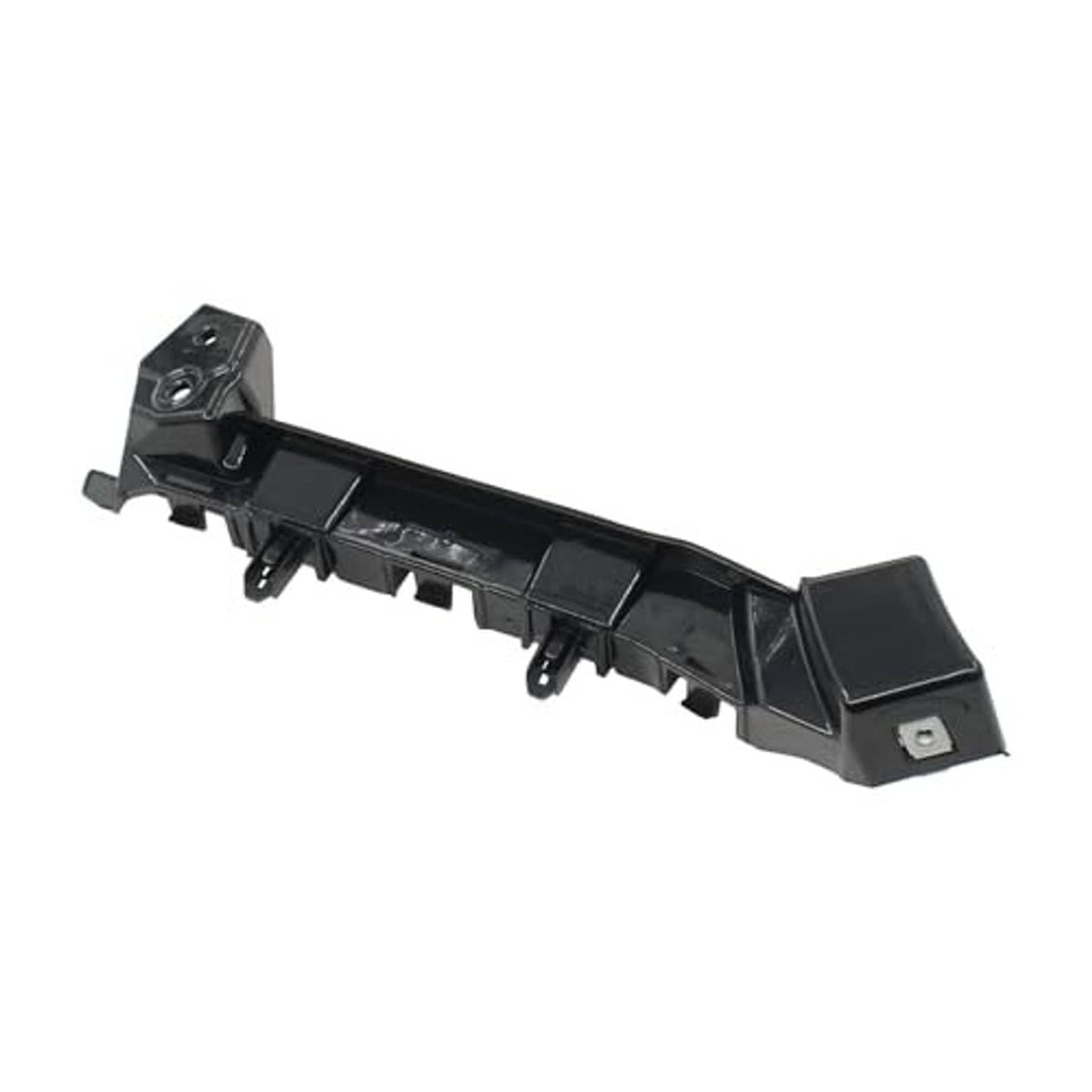 Single front bumper guide bracket retainer support, black plastic with mounting tabs