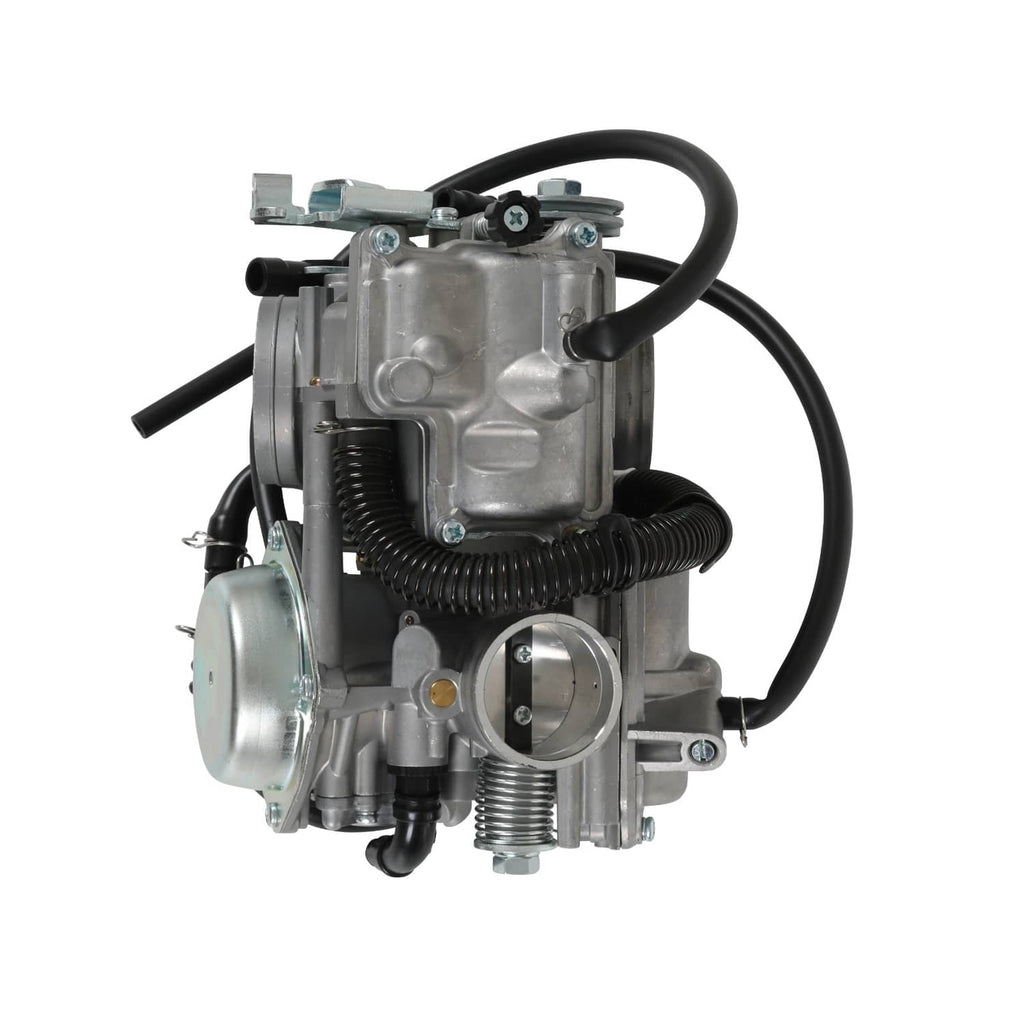 Metal carburetor assembly with black hoses and spring choke housing