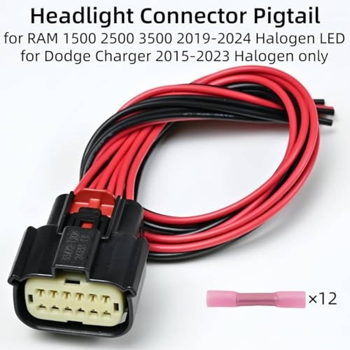 Headlight connector pigtail cable with black plug housing, beige connector, red wire bundle
