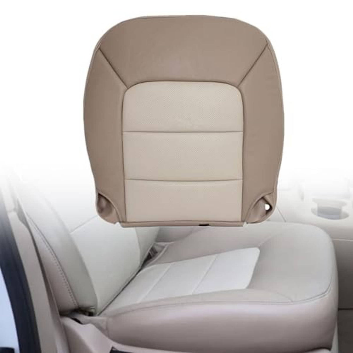 Light tan two-tone seat cover with stitched center insert on a front seat.