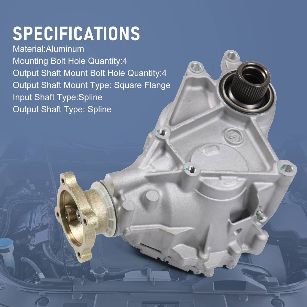 Transfer case assembly with black circular seal opening and gold front flange