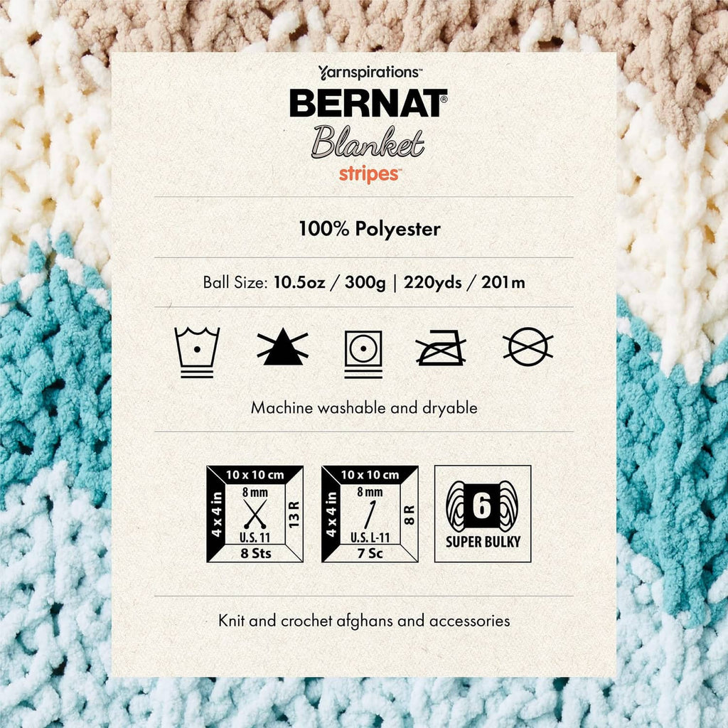 Bernat Blanket stripes yarn label on white card: 100% polyester, ball size info.