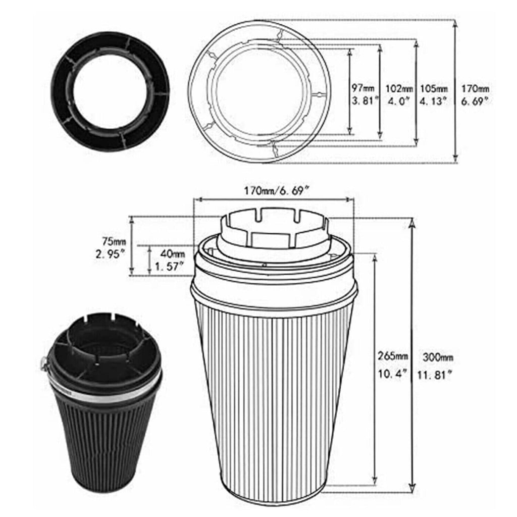 Blue cone air filter replacement with black end caps, shown with size dimensions