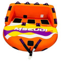 Orange inflatable towable tube for one rider with purple handle guards