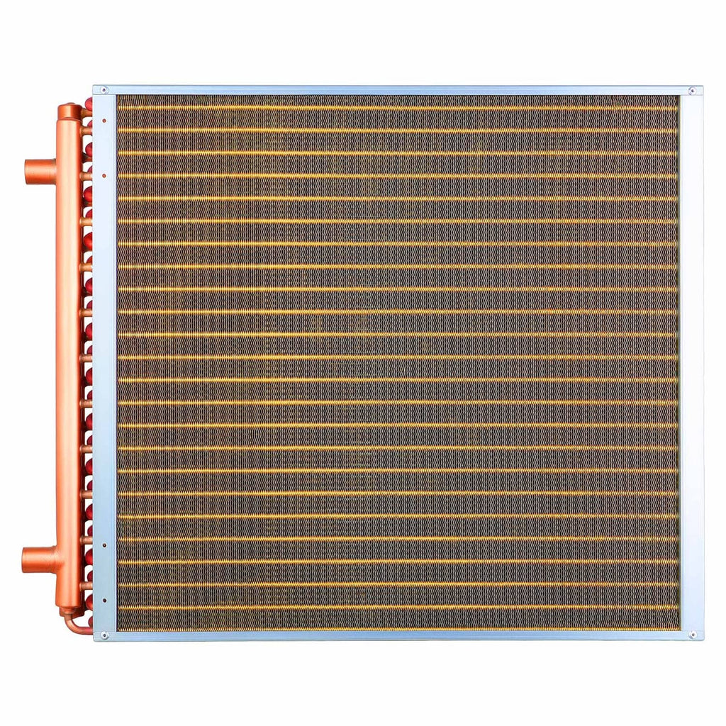 Heat exchanger coil front view with brown fins, copper tube headers, and metal frame