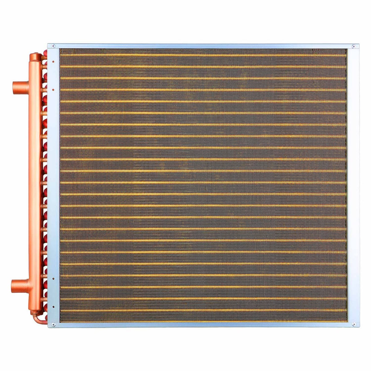 Heat exchanger coil front view with brown fins, copper tube headers, and metal frame