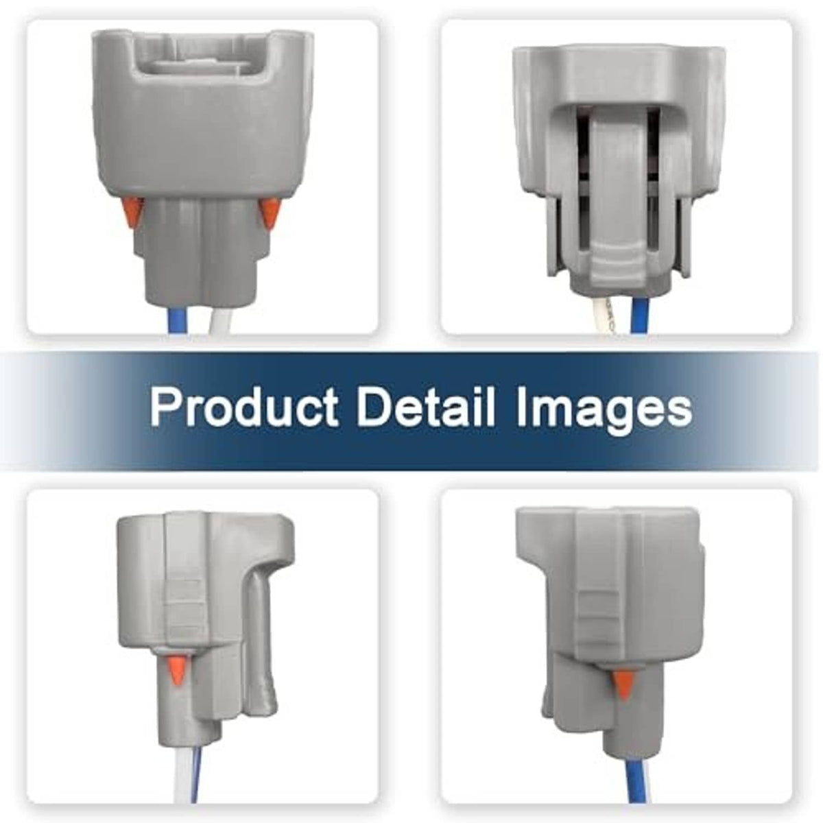 Fuel injector connector end details, gray housings with orange seals and blue wire leads