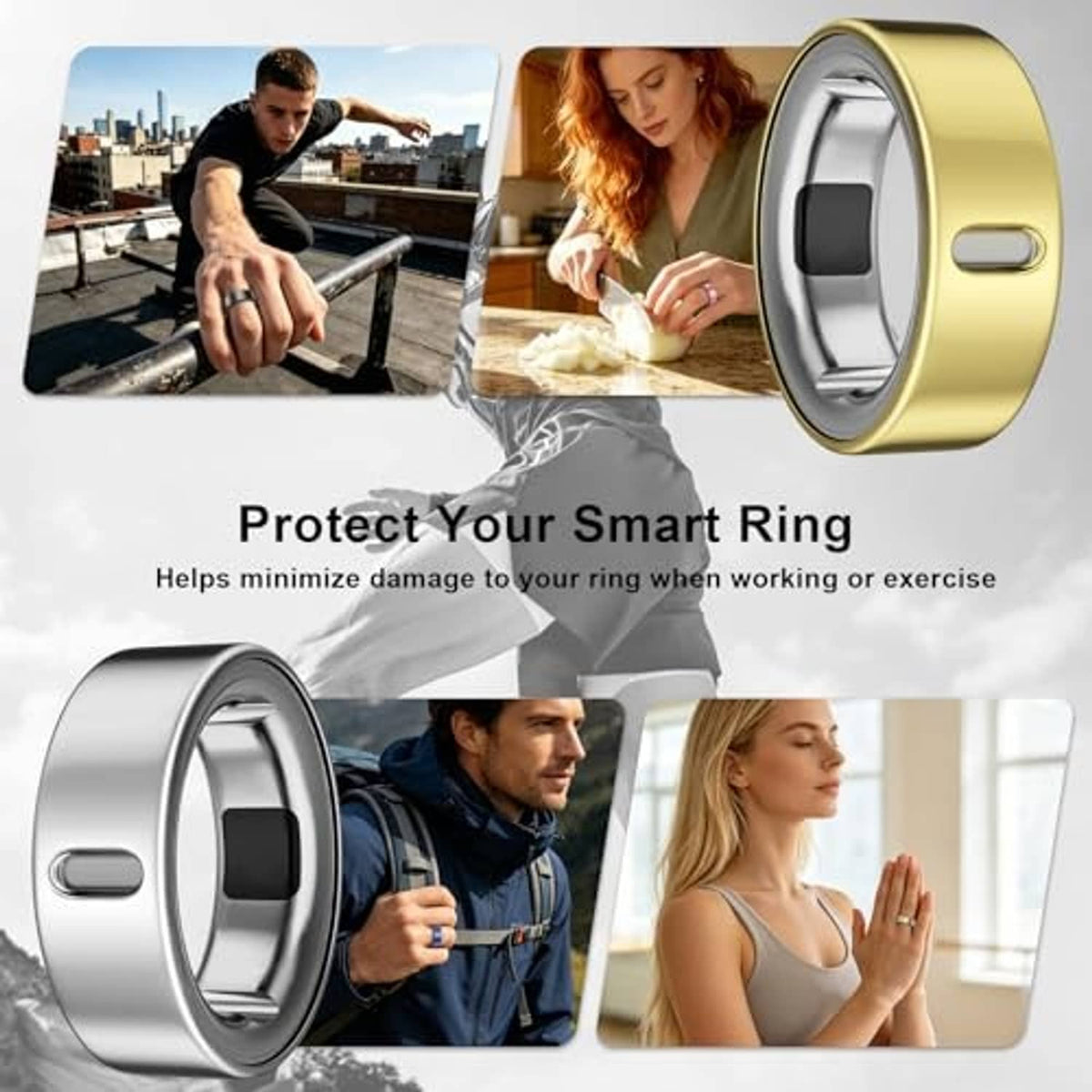 Silver and gold smart ring covers, smooth metal bands with access window