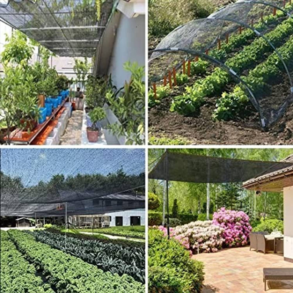 Shade net panels stretched over garden beds and a walkway, black with edge trim