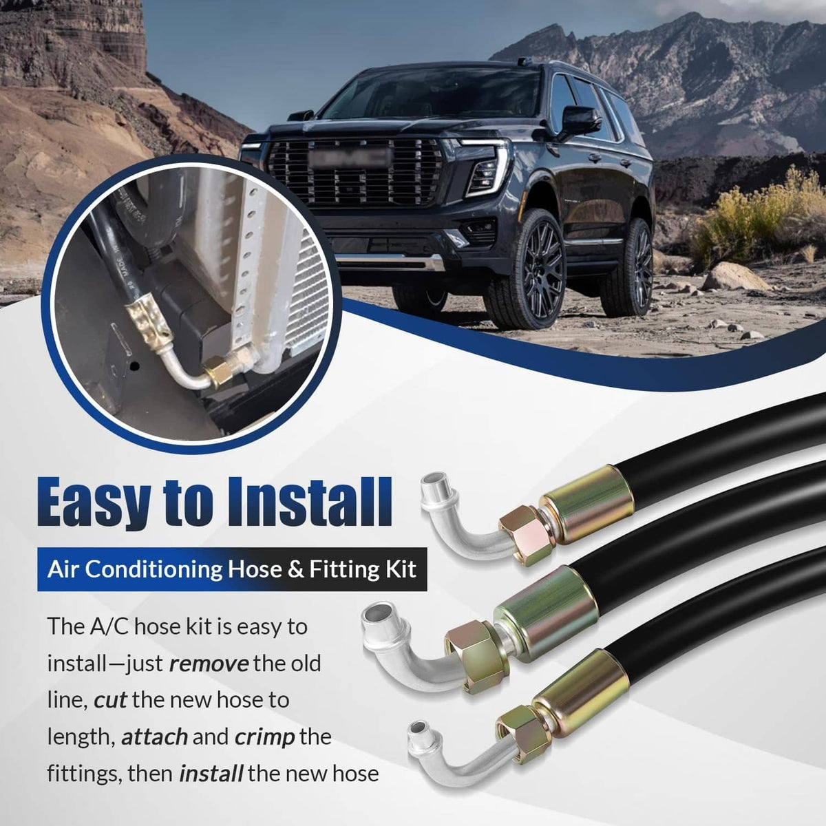 A/C hose and fitting kit with black hoses and multiple pre-crimped metal connectors