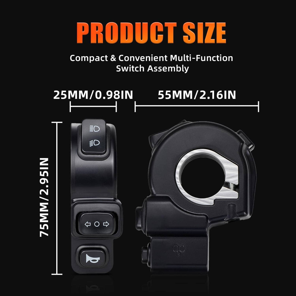 Black compact handlebar switch assembly with mounting ring and rocker button set