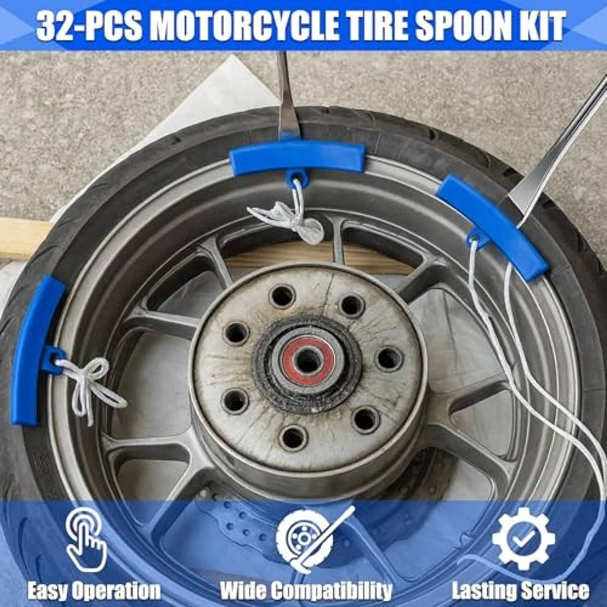 Motorcycle wheel with mounted rim protectors and metal tire spoons for easy tire service