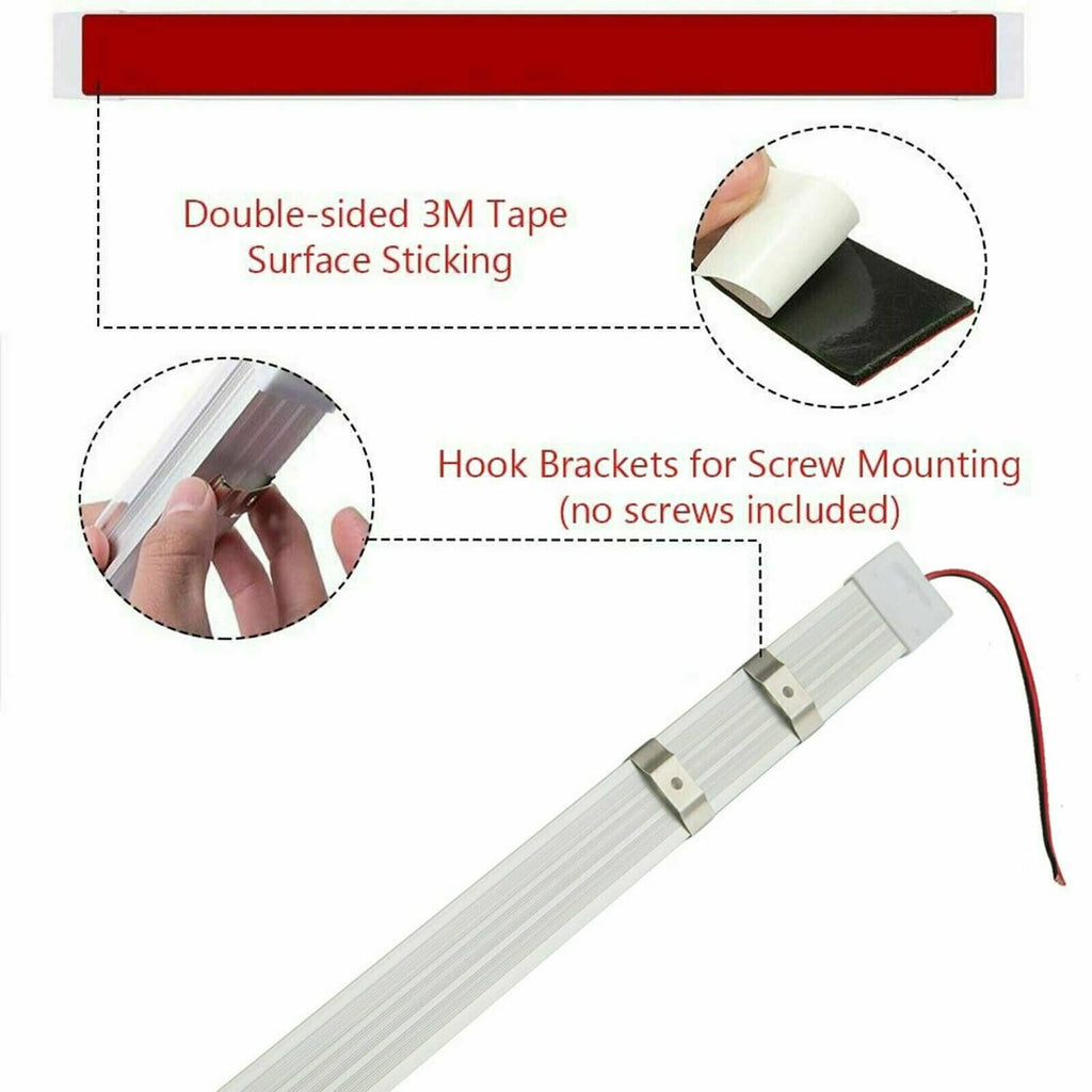 LED light bar with double-sided 3M tape backing and mounting hook brackets
