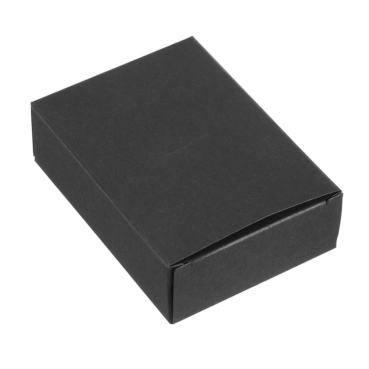 Black rectangular paper soap box with fold-over lid, closed