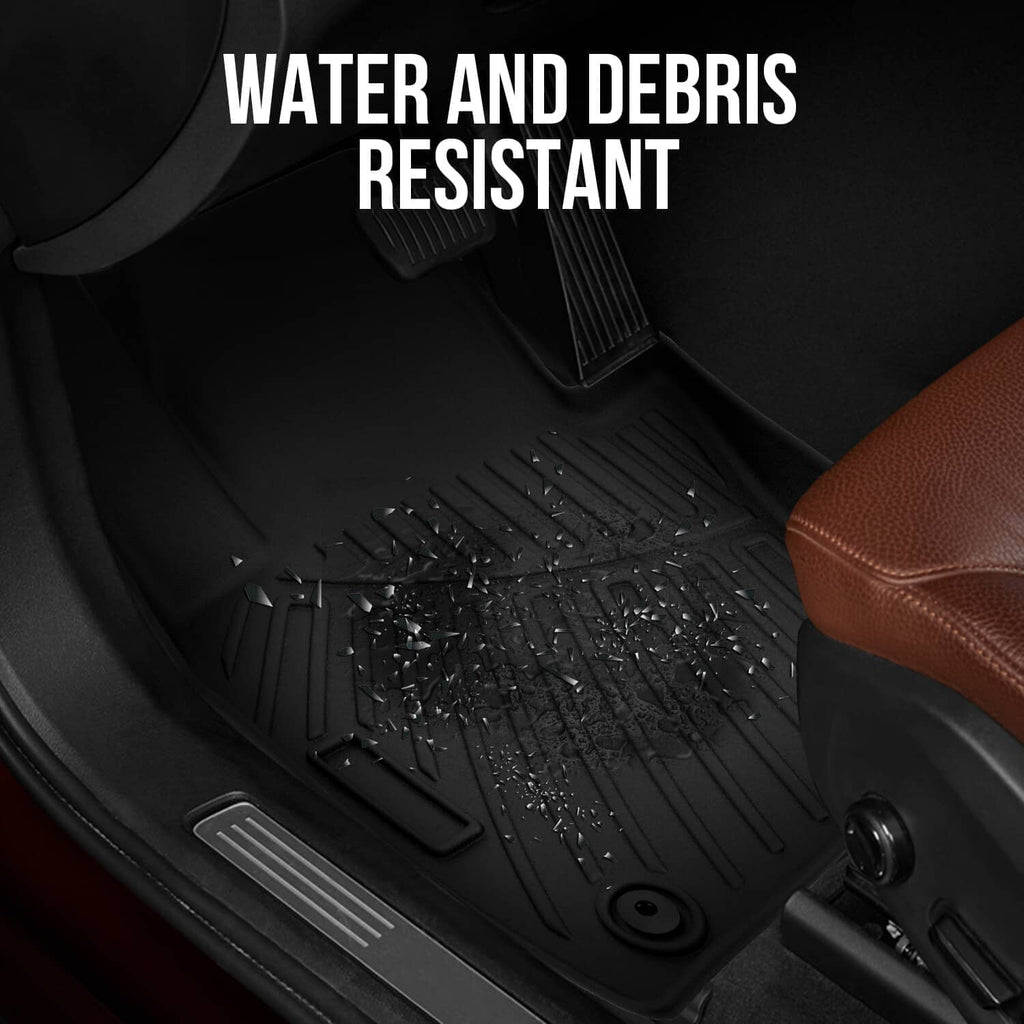 Black rubber floor mat with water-resistant tread pattern and raised channels