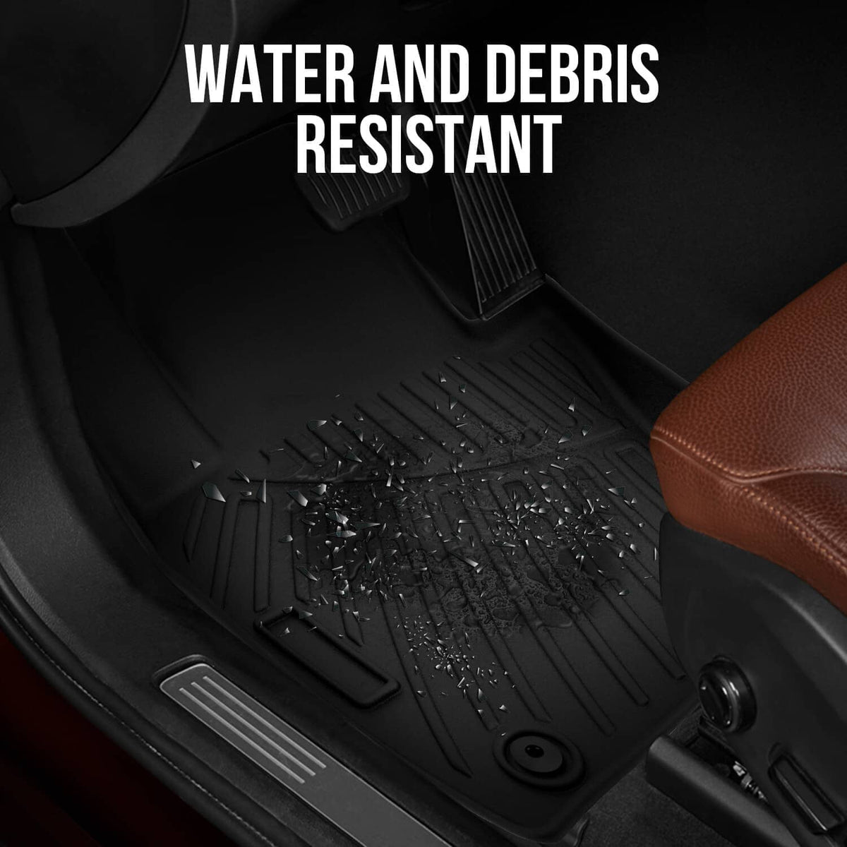 Black rubber floor mat with water-resistant tread pattern and raised channels